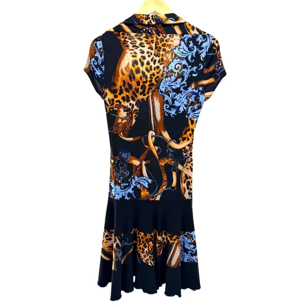 Joseph Ribkoff Leopard Baroque Print Dress Womens 10 Black Blue Gold Mob Wife - Picture 4 of 4